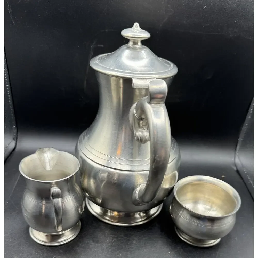 Vintage Woodbury Pewter 3 Piece Teapot Cream and Open Sugar Bowl USA EUC